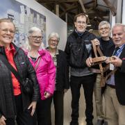 Beverly Brown, Ann Latham, Kathie Arundell, Mark Latham, James Lindop Brown and Stephen Nunn, holding Captain Brown's Sam Browne belt